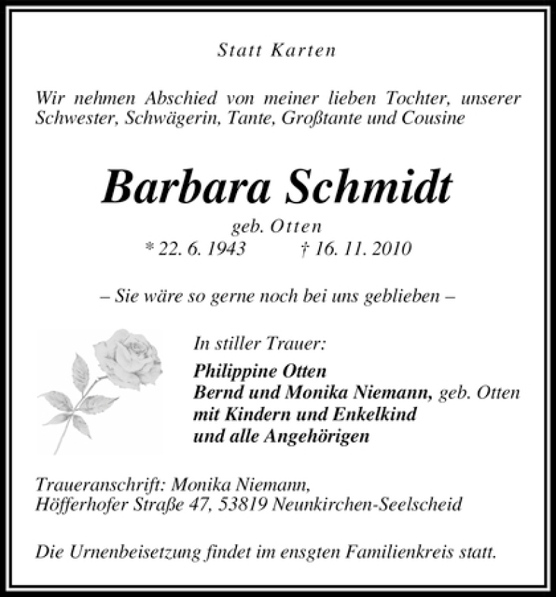  Traueranzeige für Barbara Schmidt vom 20.11.2010 aus WESER-KURIER
