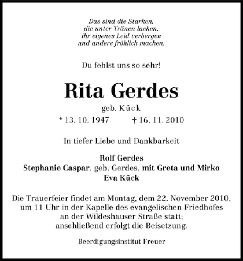 Traueranzeige von Gerdes Rita von WESER-KURIER