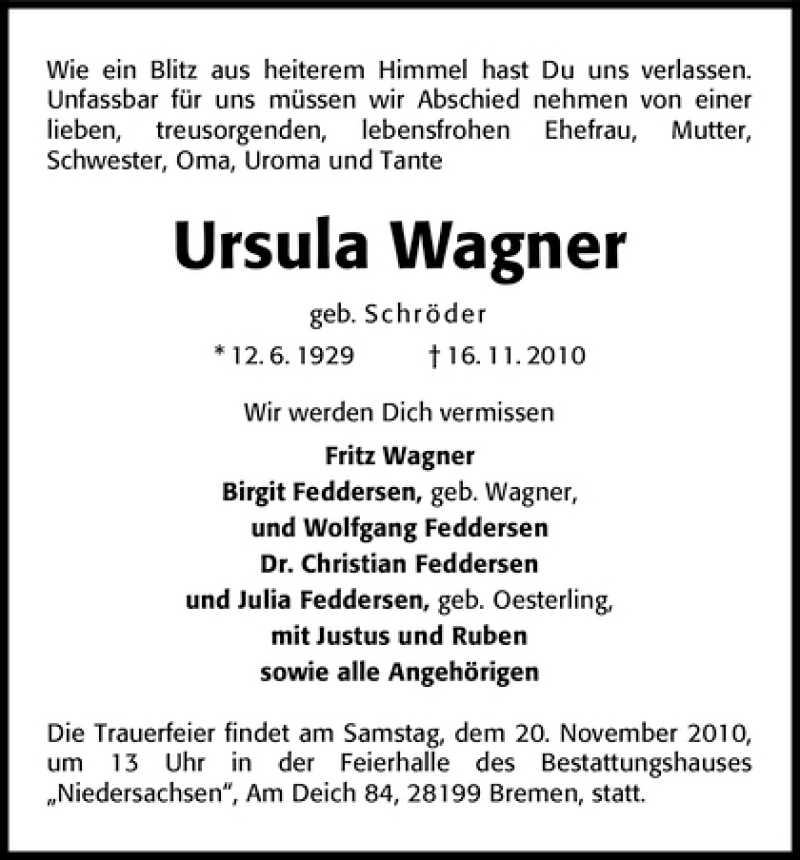 Traueranzeige von Ursula Wagner von WESER-KURIER