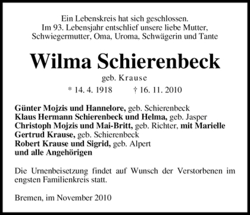 Traueranzeige von Wilma Schierenbeck von WESER-KURIER