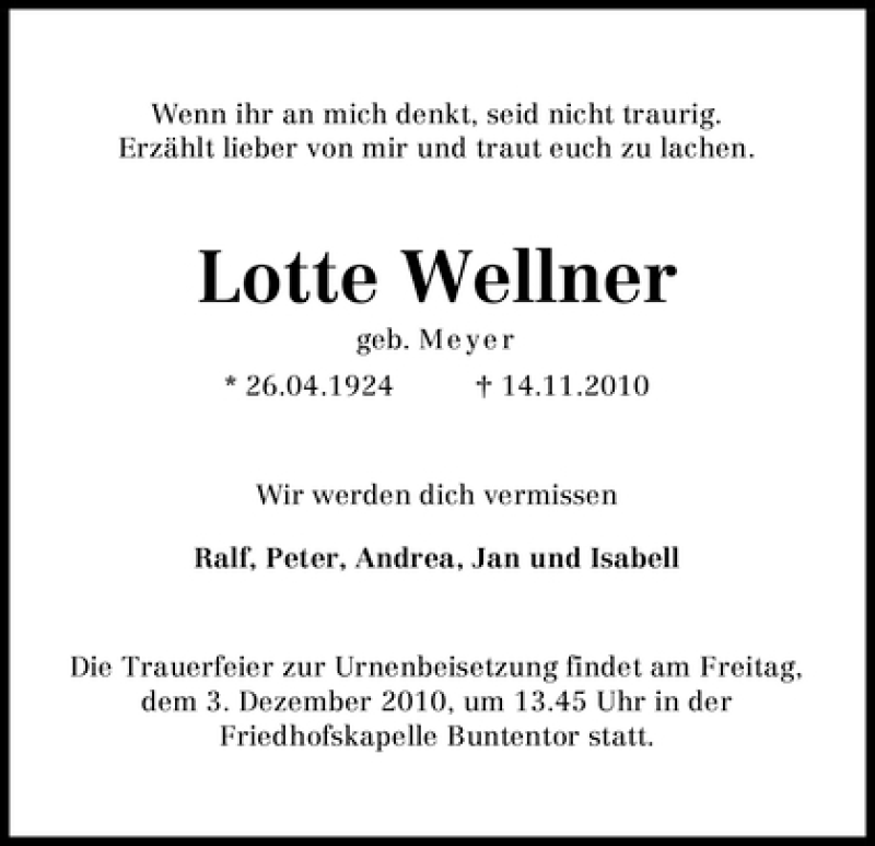 Traueranzeige von Lotte Wellner von WESER-KURIER