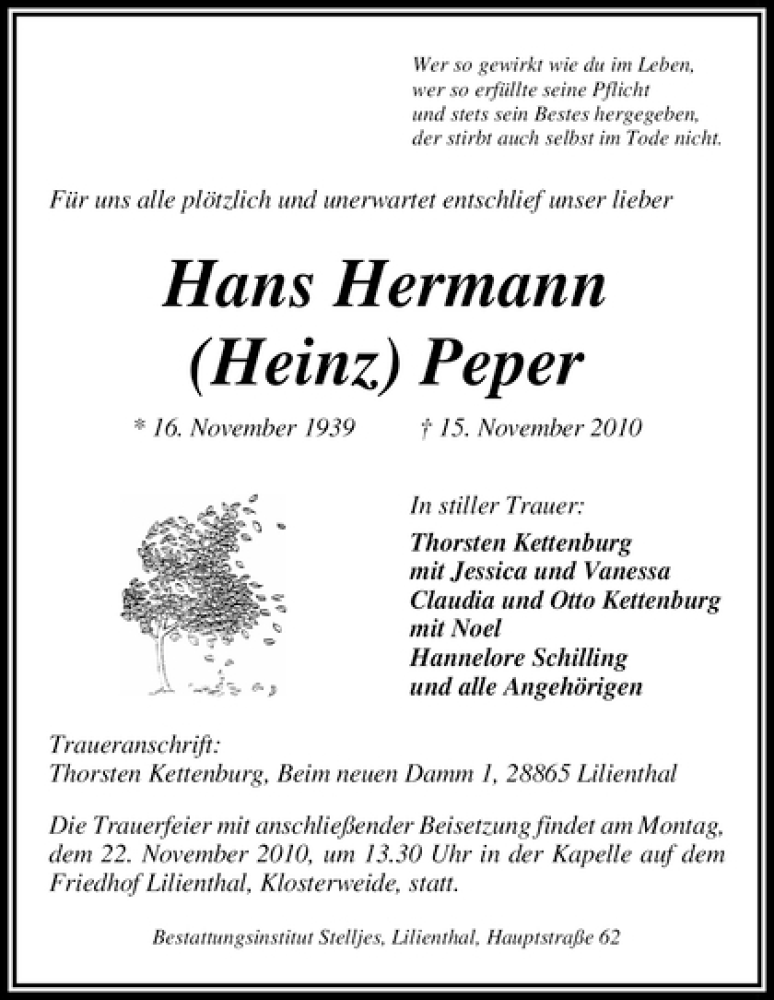 Traueranzeige von Hans Hermann Peper von WESER-KURIER