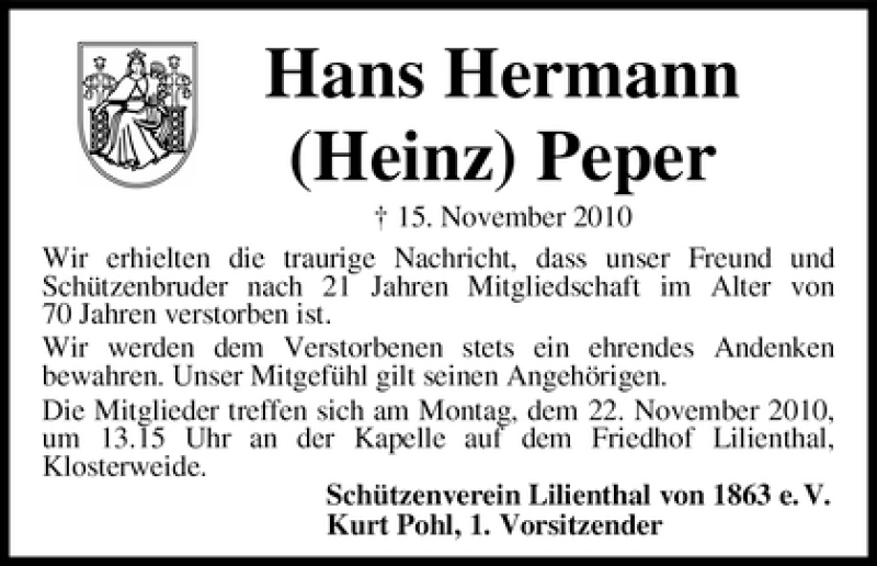 Traueranzeige von Hans Hermann Peper von WESER-KURIER