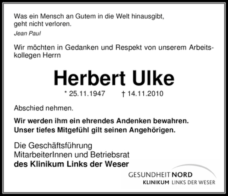 Traueranzeige von Herbert Ulke von WESER-KURIER