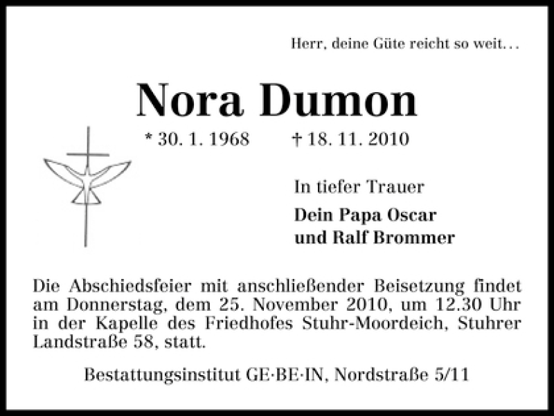  Traueranzeige für Nora Dumon vom 23.11.2010 aus WESER-KURIER
