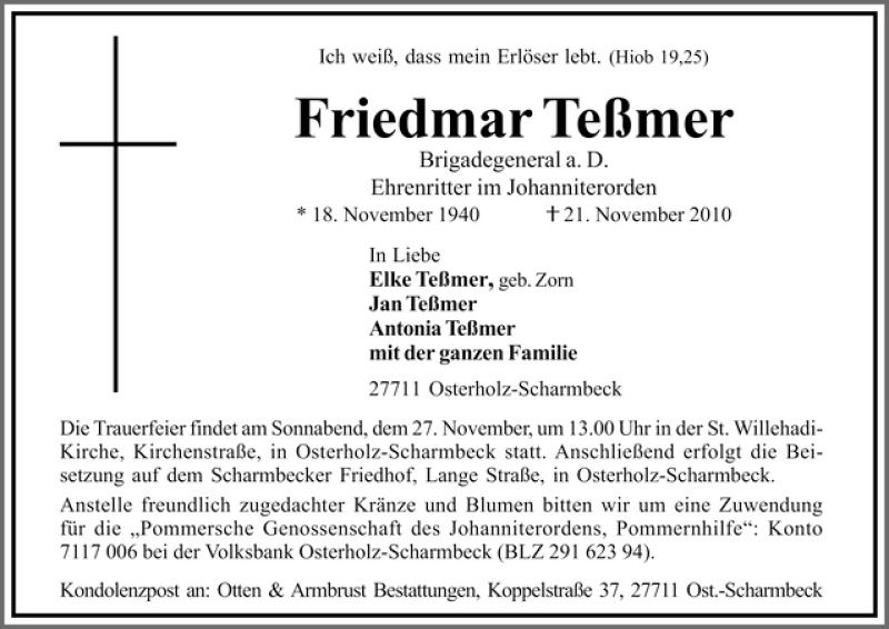  Traueranzeige für Friedmar Teßmer vom 23.11.2010 aus WESER-KURIER