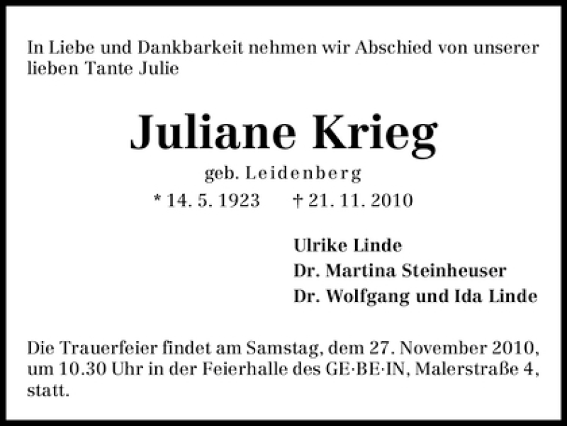 Traueranzeige von Juliane Krieg von WESER-KURIER