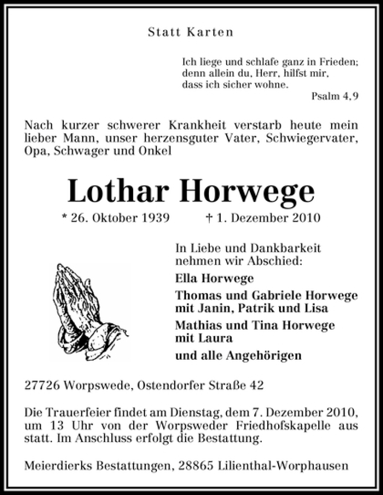  Traueranzeige für Lothar Horwege vom 03.12.2010 aus WESER-KURIER