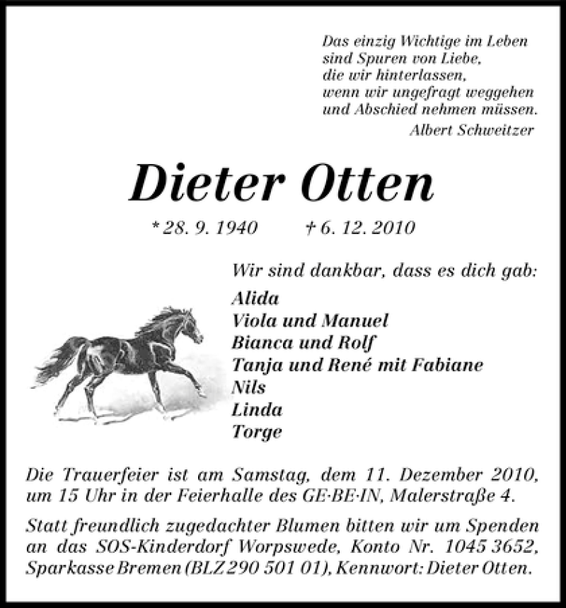 Traueranzeige von Dieter Otten von WESER-KURIER