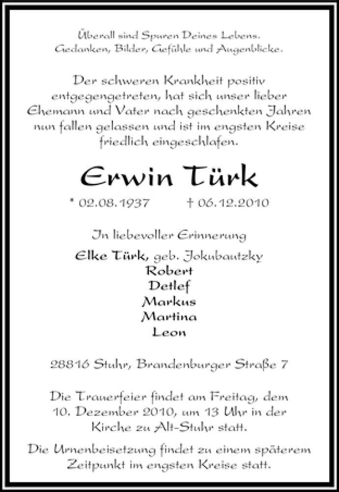 Traueranzeige von Erwin Türk von WESER-KURIER