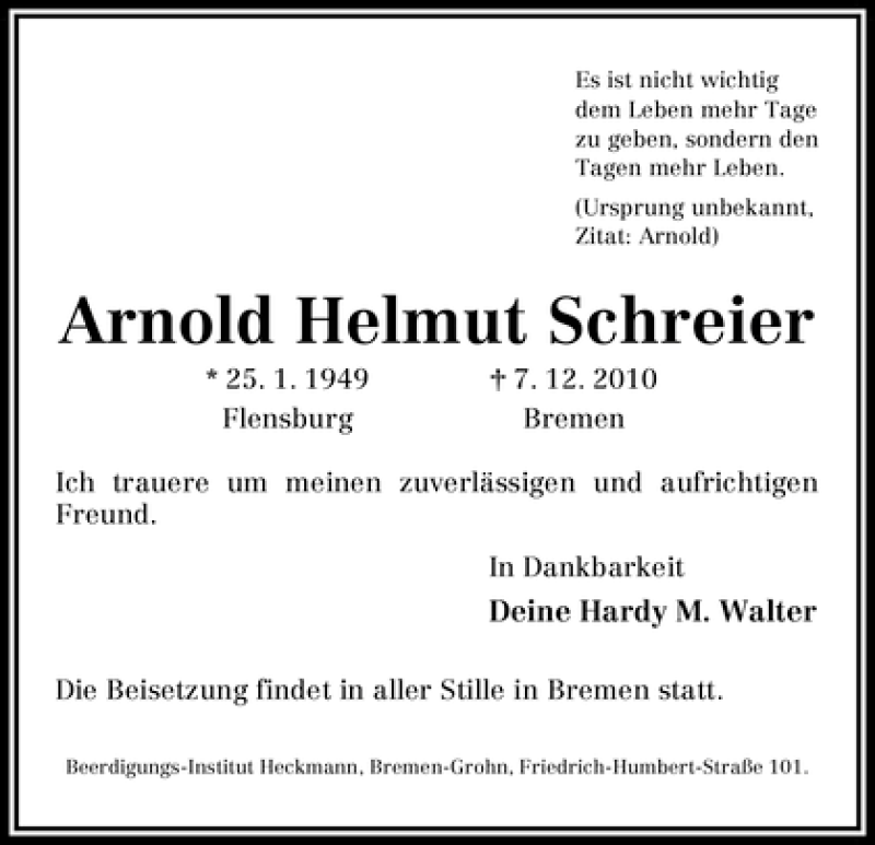 Traueranzeige von Arnold Helmut Schreier von WESER-KURIER