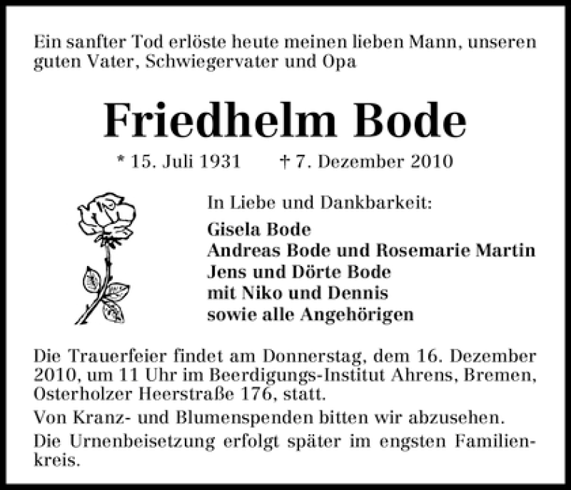 Traueranzeige von Friedhelm Bode von WESER-KURIER