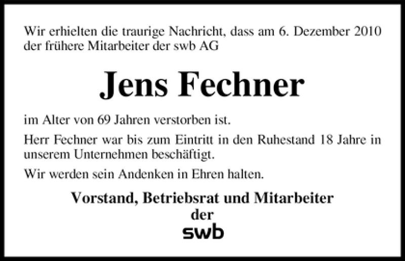 Traueranzeige von Jens Fechner von WESER-KURIER