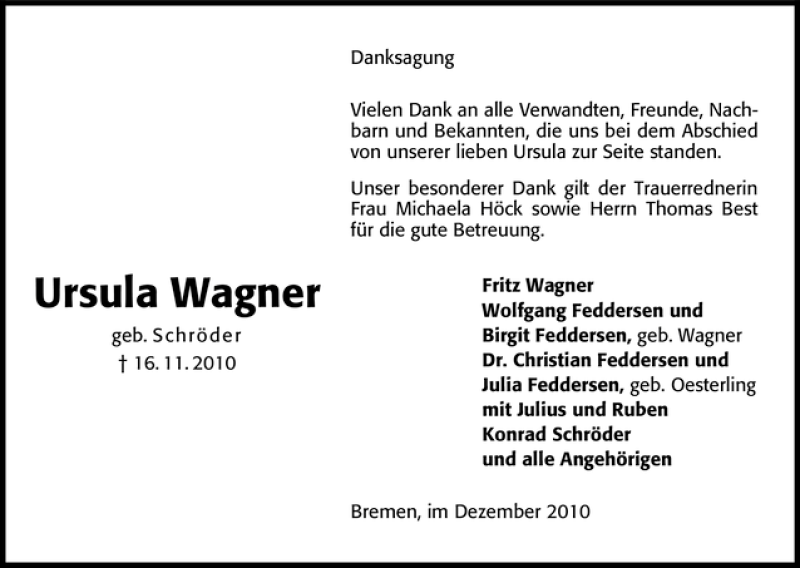 Traueranzeige von Ursula Wagner von WESER-KURIER