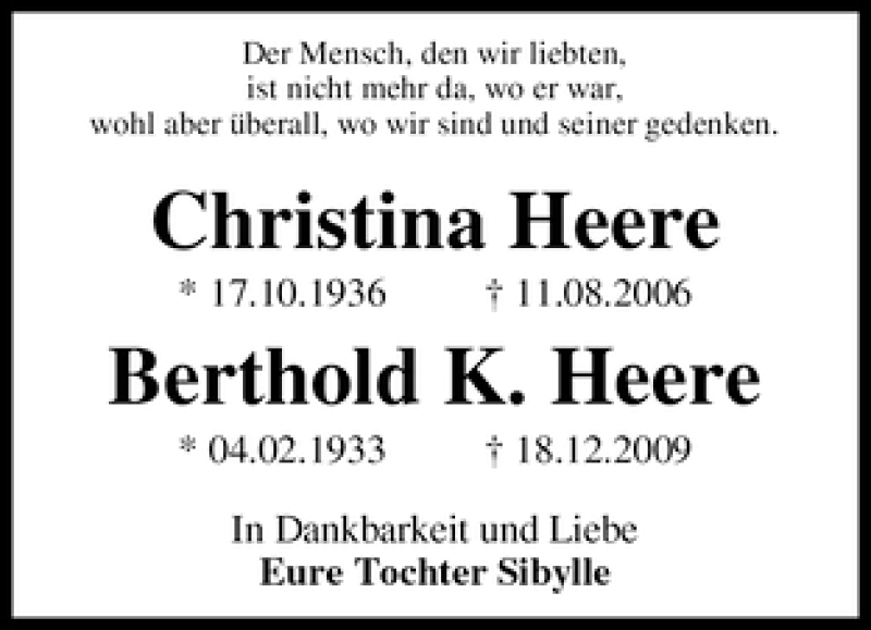  Traueranzeige für Christina und Berthold K. Heere vom 18.12.2010 aus WESER-KURIER