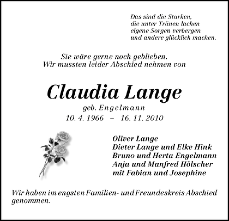 Traueranzeige von Claudia Lange von WESER-KURIER