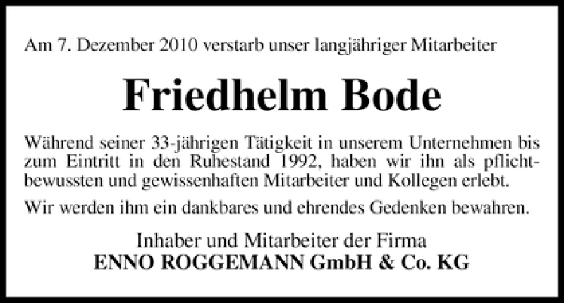 Traueranzeige von Friedhelm Bode von WESER-KURIER