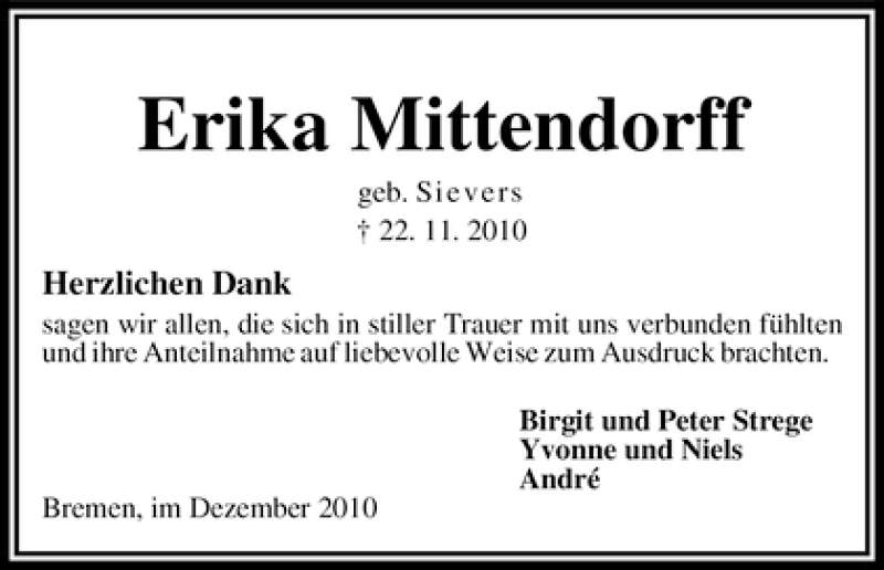 Traueranzeige von Erika Mittendorff von WESER-KURIER