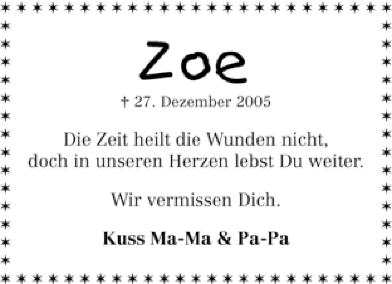  Traueranzeige für Zoe Peinemann vom 27.12.2010 aus WESER-KURIER