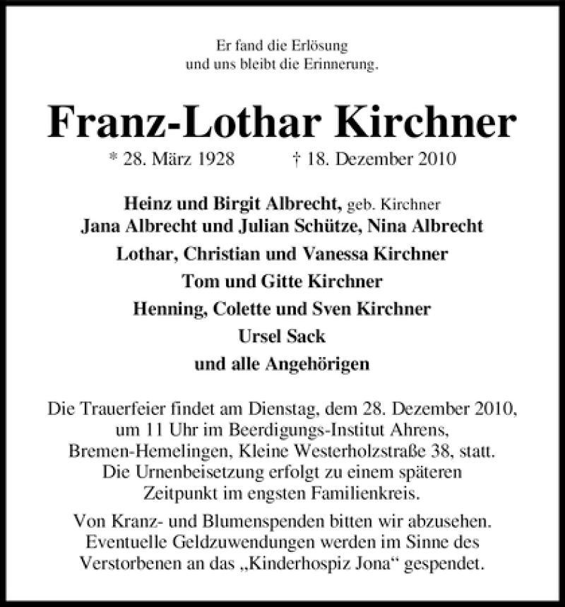 Traueranzeige von Franz-Lothar Kirchner von WESER-KURIER