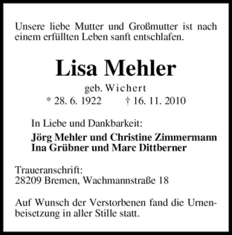 Traueranzeige von Lisa Mehler von WESER-KURIER