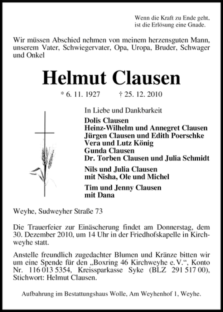 Traueranzeige von Helmut Clausen von WESER-KURIER