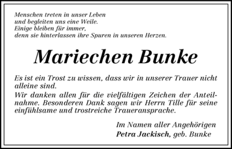  Traueranzeige für Mariechen Bunke vom 31.12.2010 aus WESER-KURIER