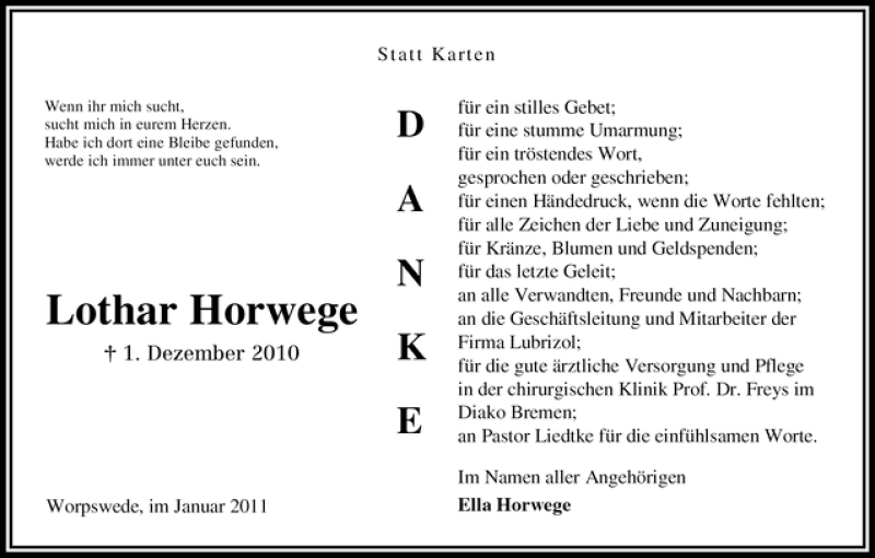  Traueranzeige für Lothar Horwege vom 08.01.2011 aus WESER-KURIER