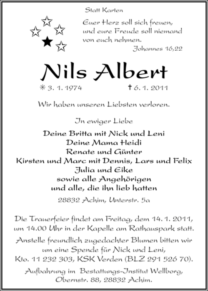  Traueranzeige für Nils Albert vom 11.01.2011 aus WESER-KURIER