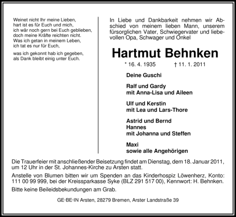  Traueranzeige für Hartmut Behnken vom 15.01.2011 aus WESER-KURIER