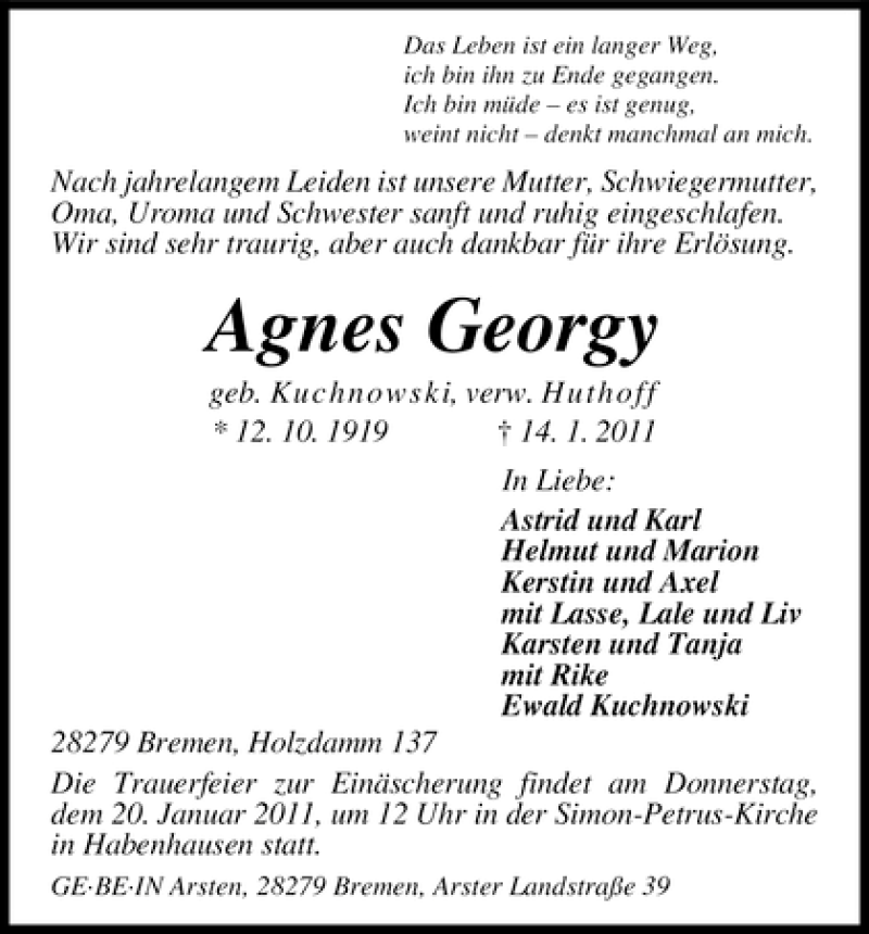  Traueranzeige für Agnes Geogy vom 15.01.2011 aus WESER-KURIER