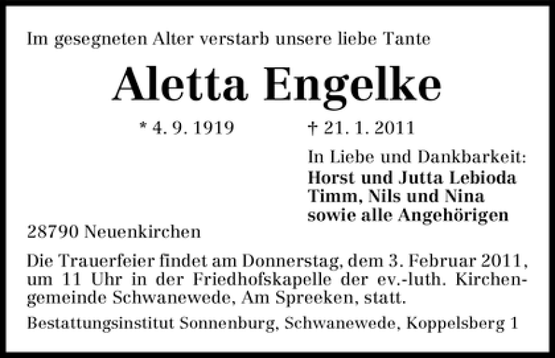 Traueranzeige von Aletta Engelke von WESER-KURIER