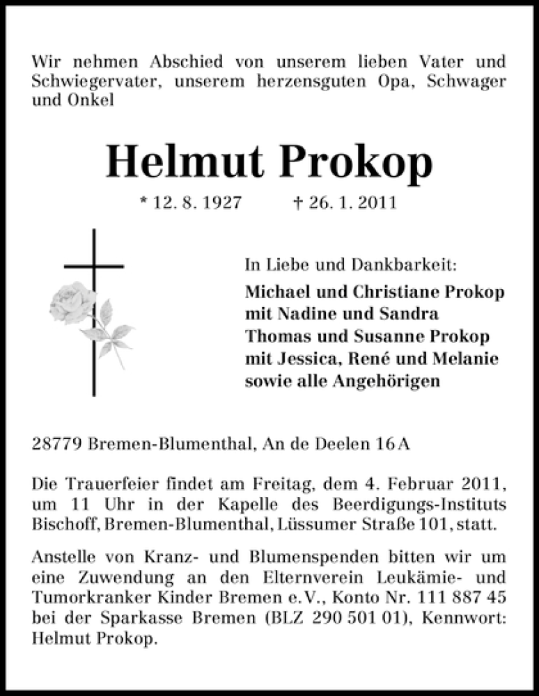  Traueranzeige für Helmut Prokop vom 31.01.2011 aus WESER-KURIER