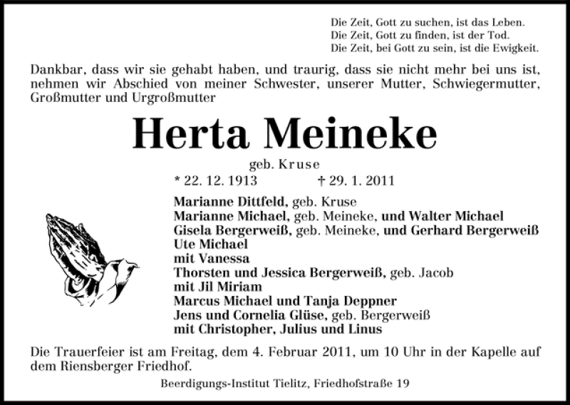 Traueranzeige für Herta Meineke vom 02.02.2011 aus WESER-KURIER