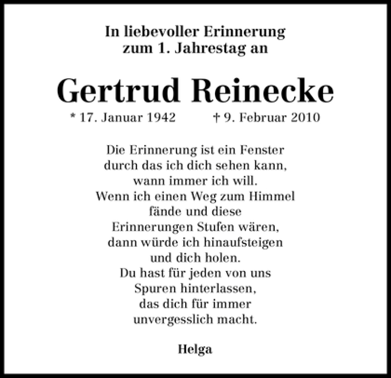  Traueranzeige für Gertrud Reinecke vom 09.02.2011 aus WESER-KURIER