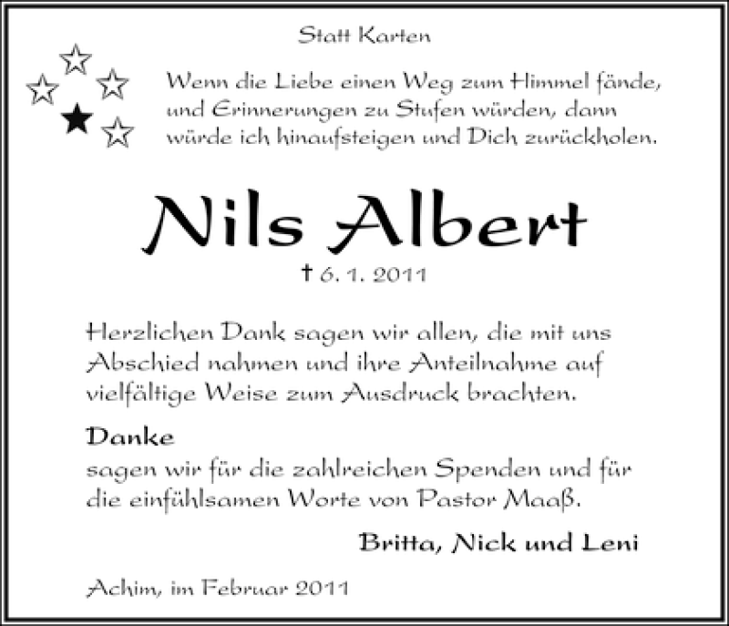  Traueranzeige für Nils Albert vom 05.02.2011 aus WESER-KURIER