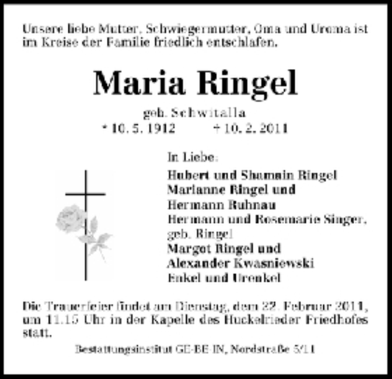  Traueranzeige für Maria Ringel vom 16.02.2011 aus WESER-KURIER