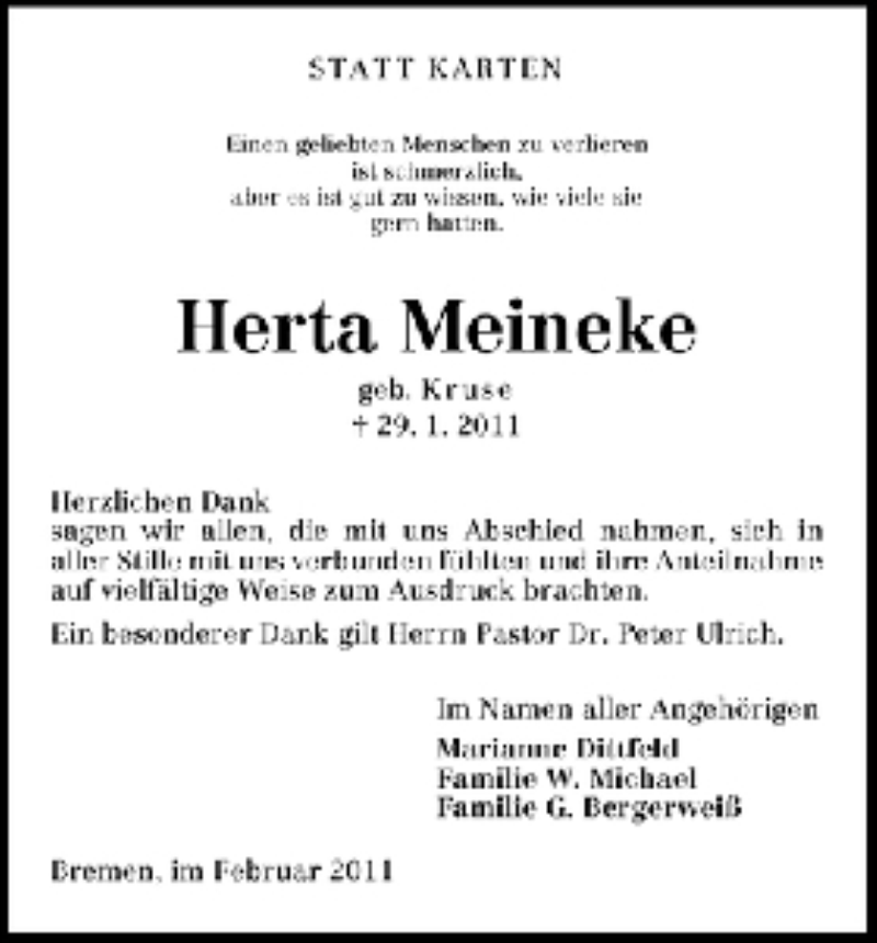  Traueranzeige für Herta Meineke vom 19.02.2011 aus WESER-KURIER