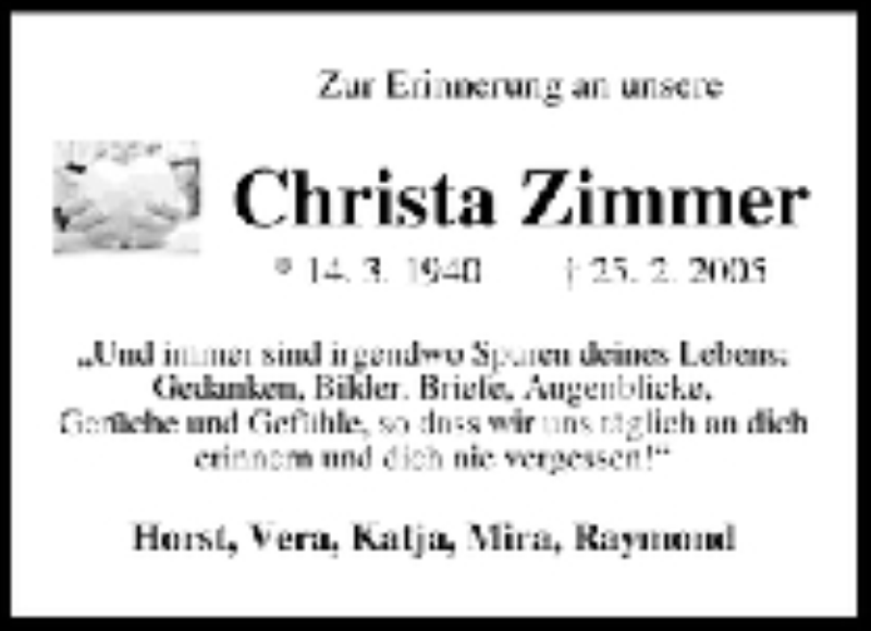  Traueranzeige für Christa Zimmer vom 25.02.2011 aus WESER-KURIER