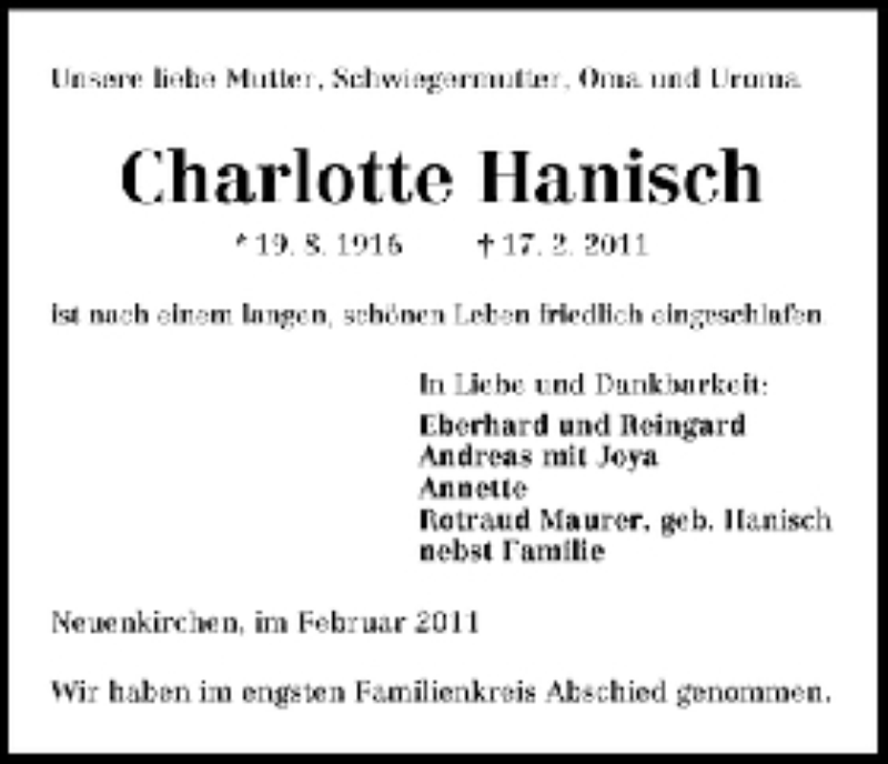 Traueranzeige von Charlotte Hanisch von WESER-KURIER