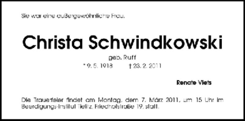 Traueranzeige von Christa Schwindkowski von WESER-KURIER