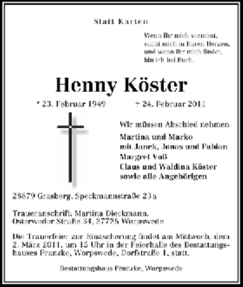 Traueranzeige von Henny Köster von WESER-KURIER