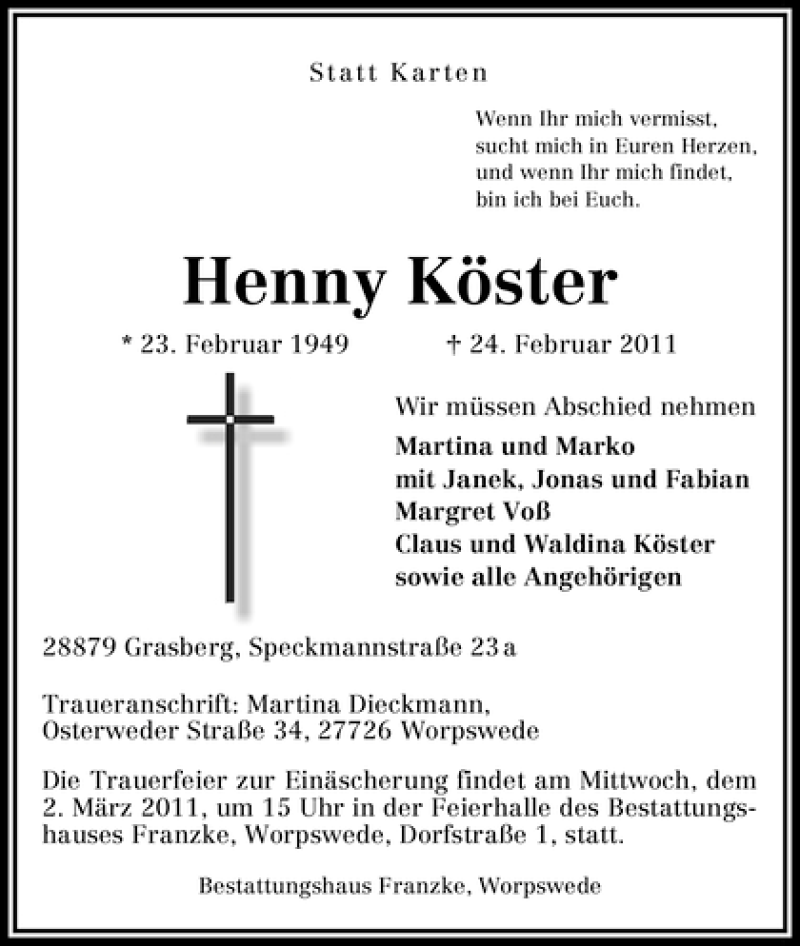 Traueranzeige von Henny Köster von WESER-KURIER