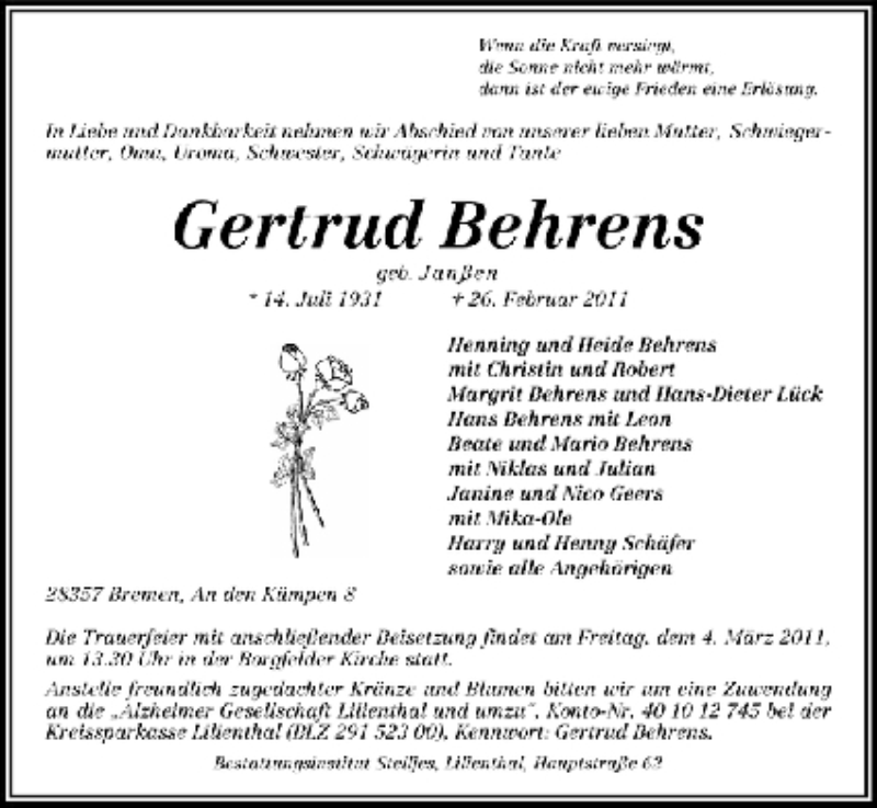 Traueranzeige von Gertrud Behrens von WESER-KURIER
