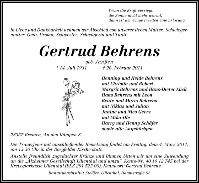 Traueranzeige von Gertrud Behrens von WESER-KURIER
