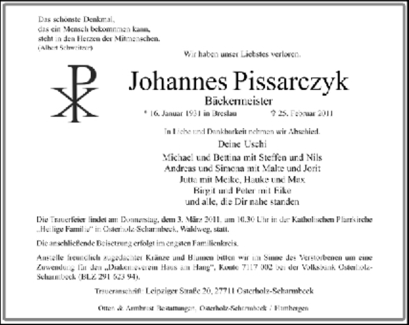  Traueranzeige für Johannes Pissarczyk vom 28.02.2011 aus WESER-KURIER