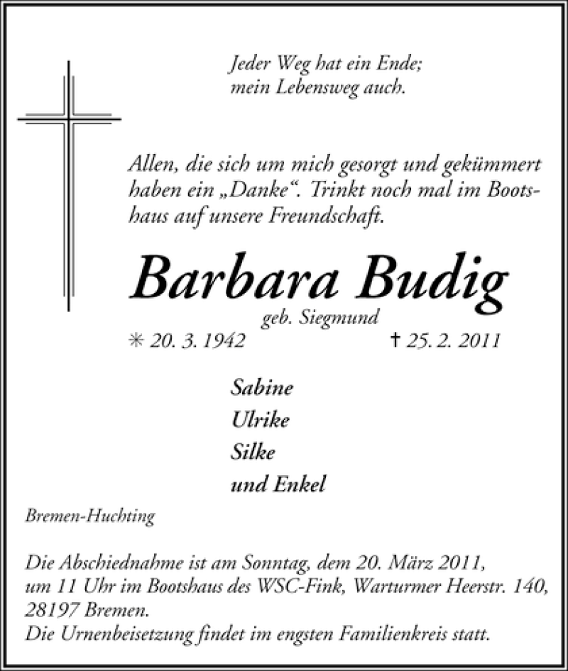 Traueranzeige von Barbara Budig von WESER-KURIER