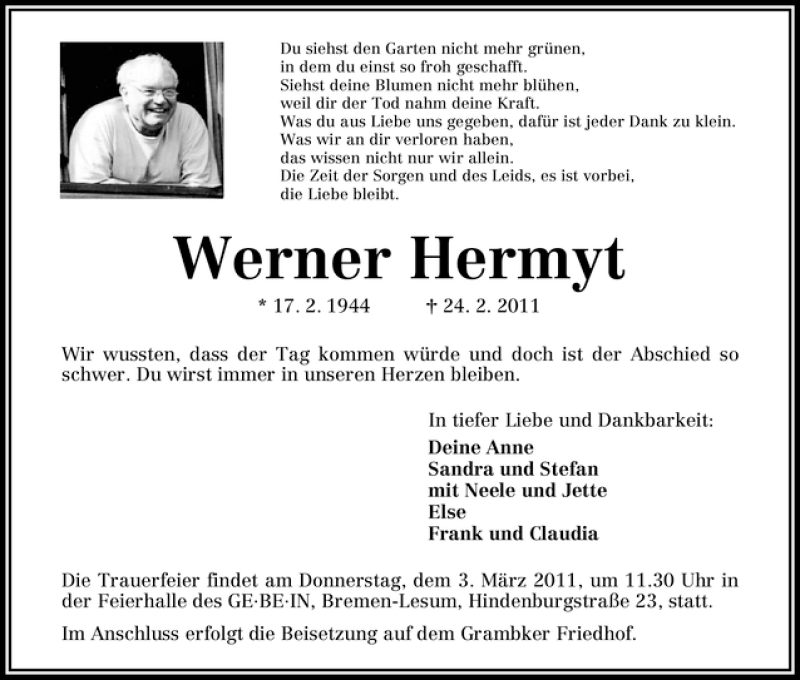  Traueranzeige für Werner Hermyt vom 01.03.2011 aus WESER-KURIER