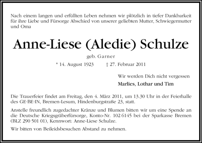 Traueranzeige von Anne-Liese Schulze von WESER-KURIER