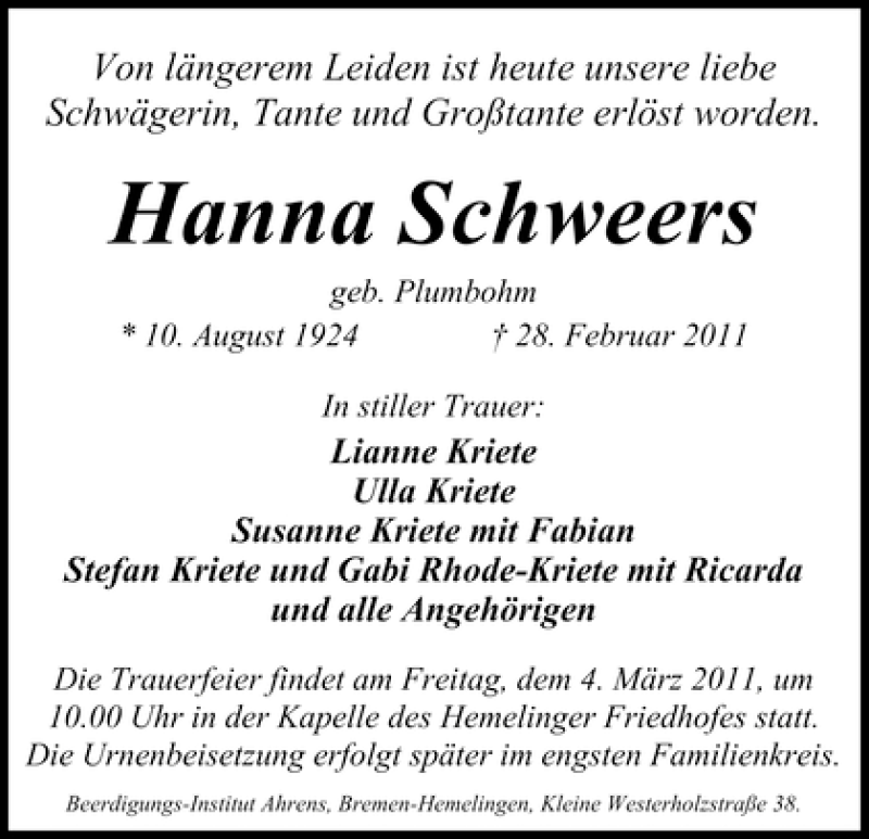 Traueranzeige von Hanna Schweers von WESER-KURIER